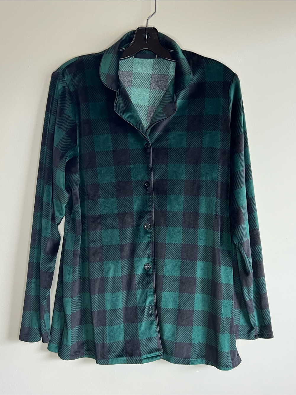 Green Black Buffalo Plaid Fleece Pajama Sleep Shirt Button Front Women’s M/L